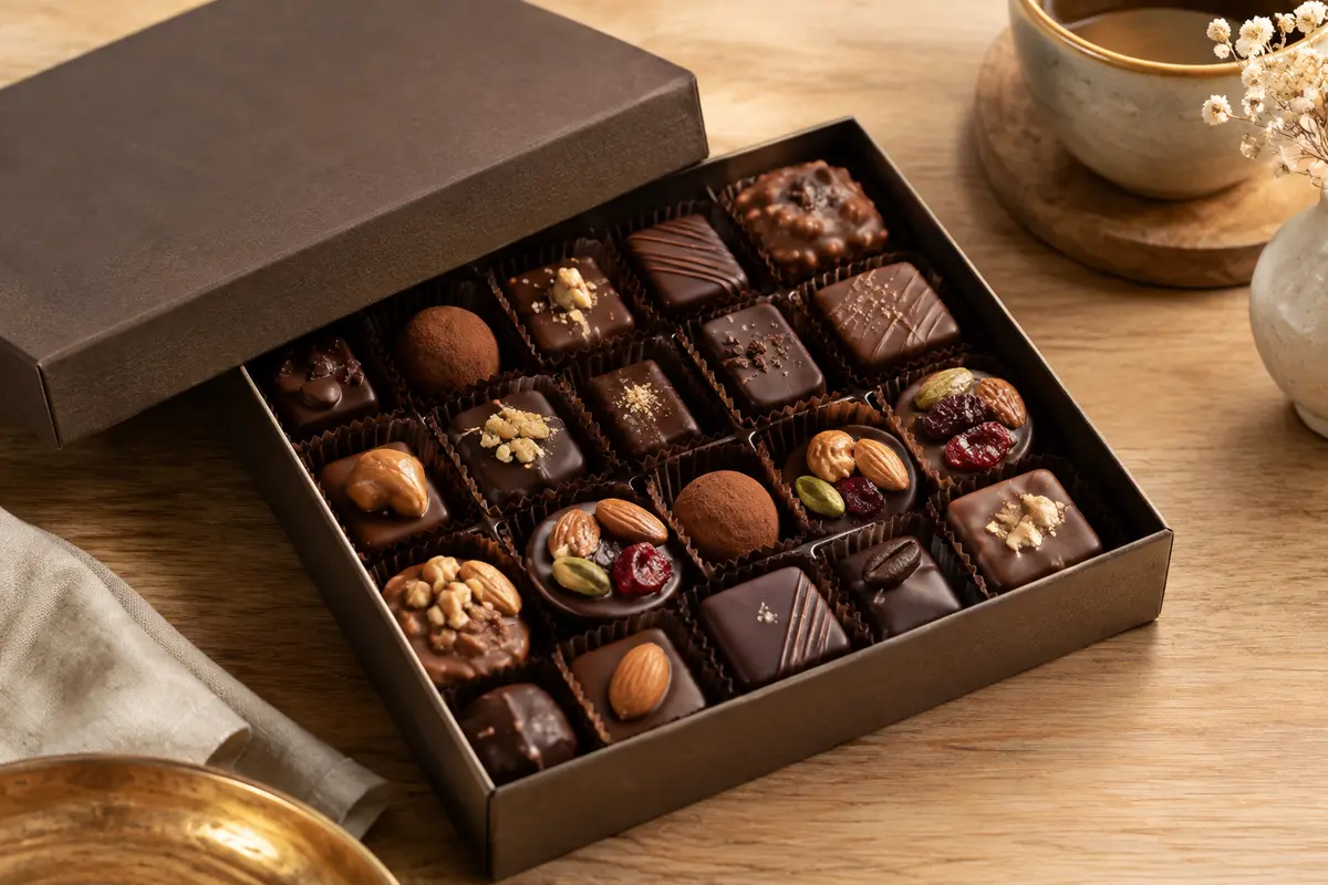 Boîte ouverte de chocolats artisanaux variés, avec des bouchées fondantes, des mendiants et des fruits secs.
