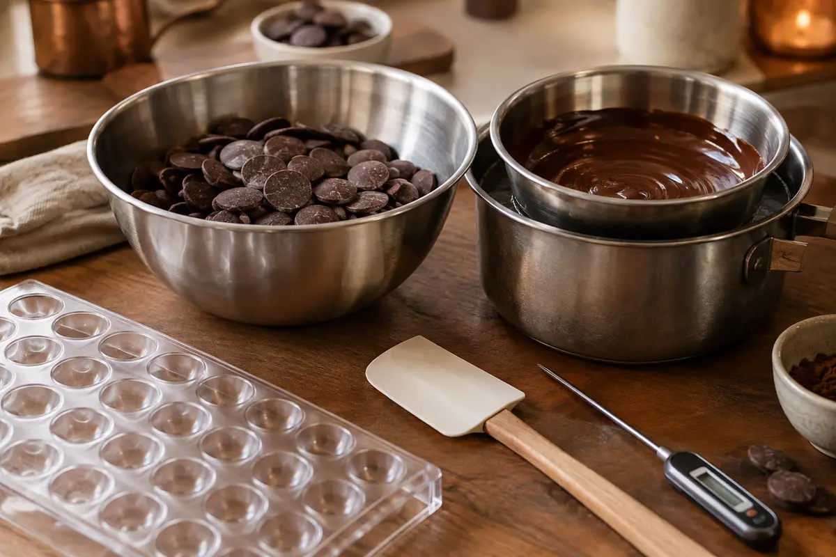 Pistoles de chocolat de couverture, spatule et moule préparés pour un travail de pâtisserie