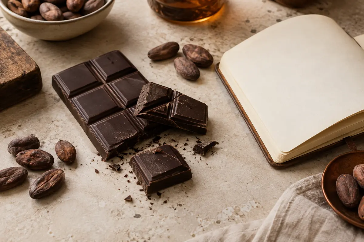 Tablette de chocolat artisanal cassée en carrés, accompagnée de fèves de cacao et d’un carnet vierge.