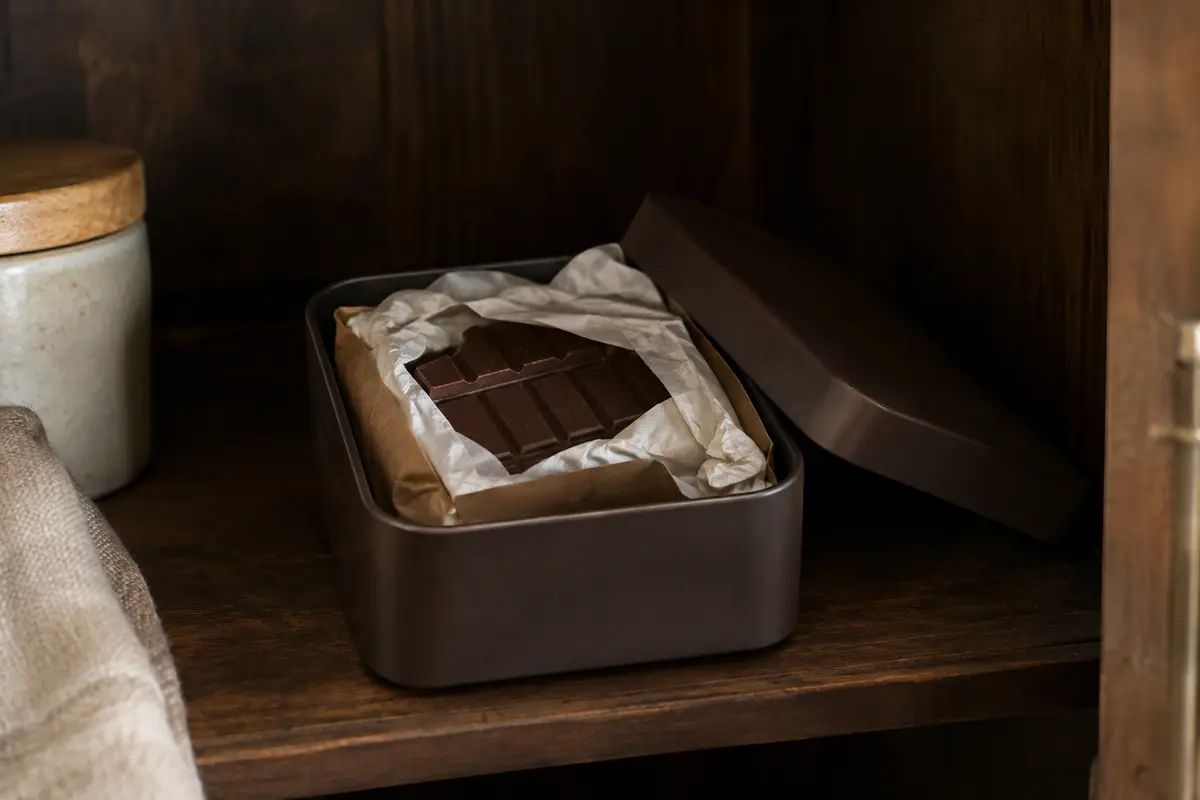 Tablette de chocolat artisanal entamée, emballée et rangée dans une boîte hermétique opaque