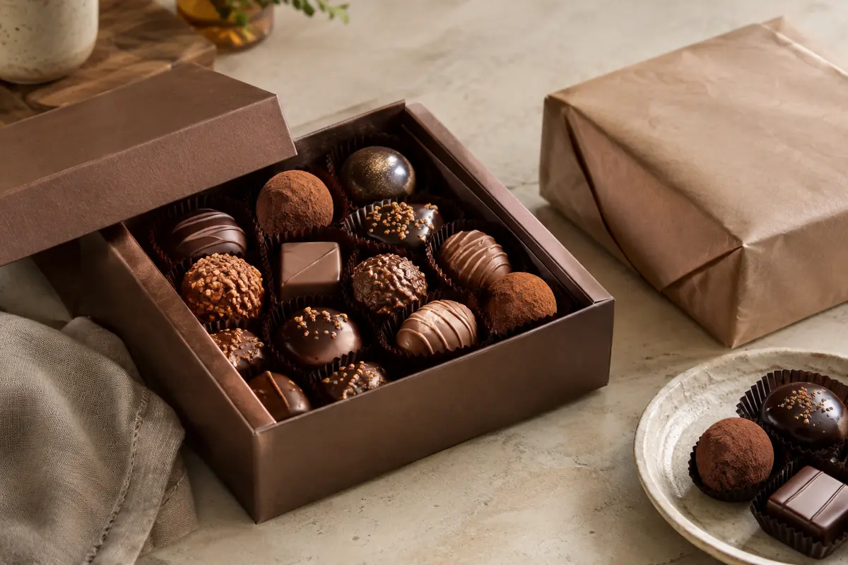 Truffes et bonbons au chocolat dans leur boîte, avec un emballage fermé pour les protéger