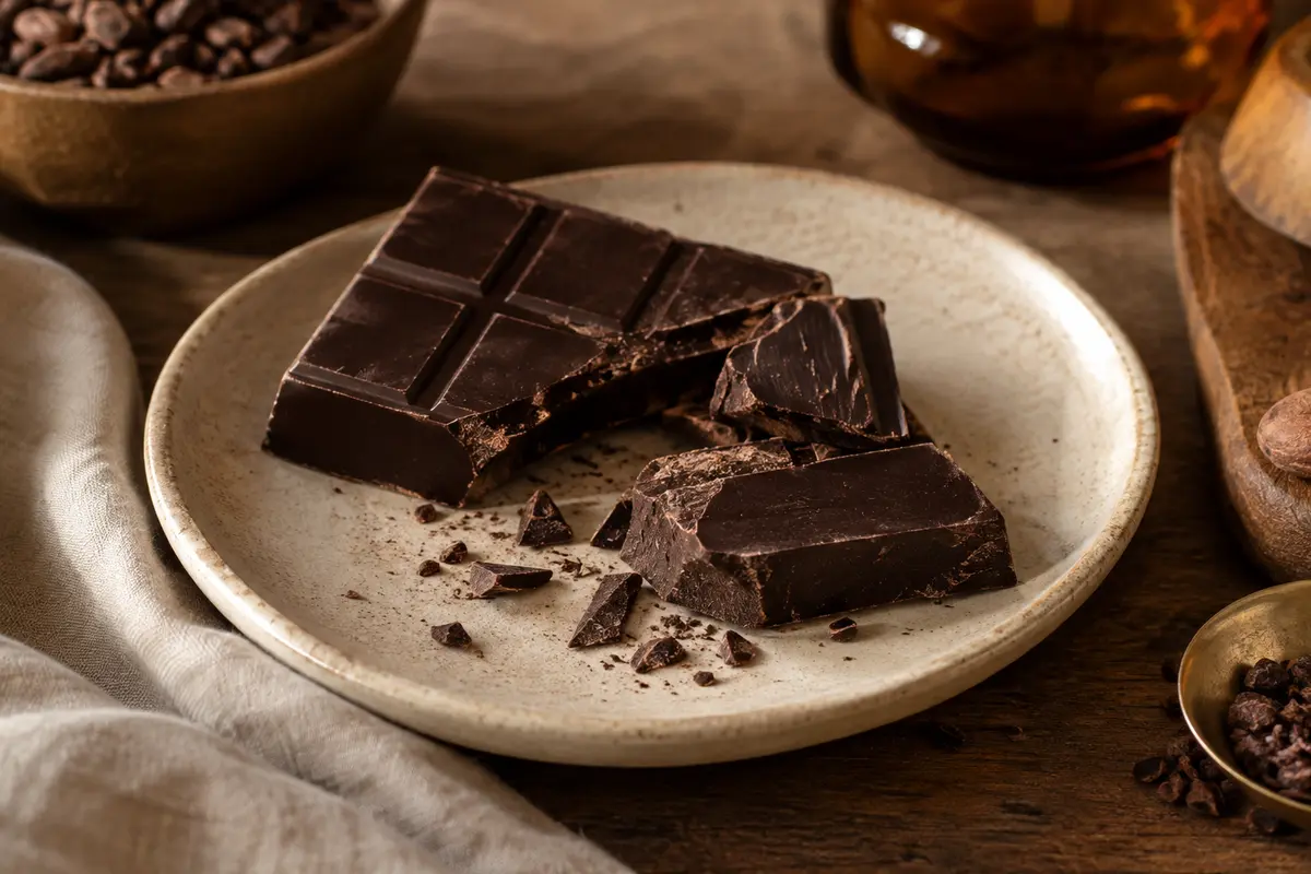 Morceaux de chocolat artisanal noir disposés sur une assiette pour une dégustation attentive