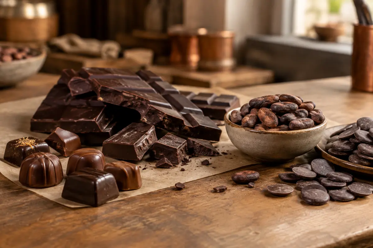Tablette, pralines, fèves de cacao et pistoles réunies sur un plan de travail