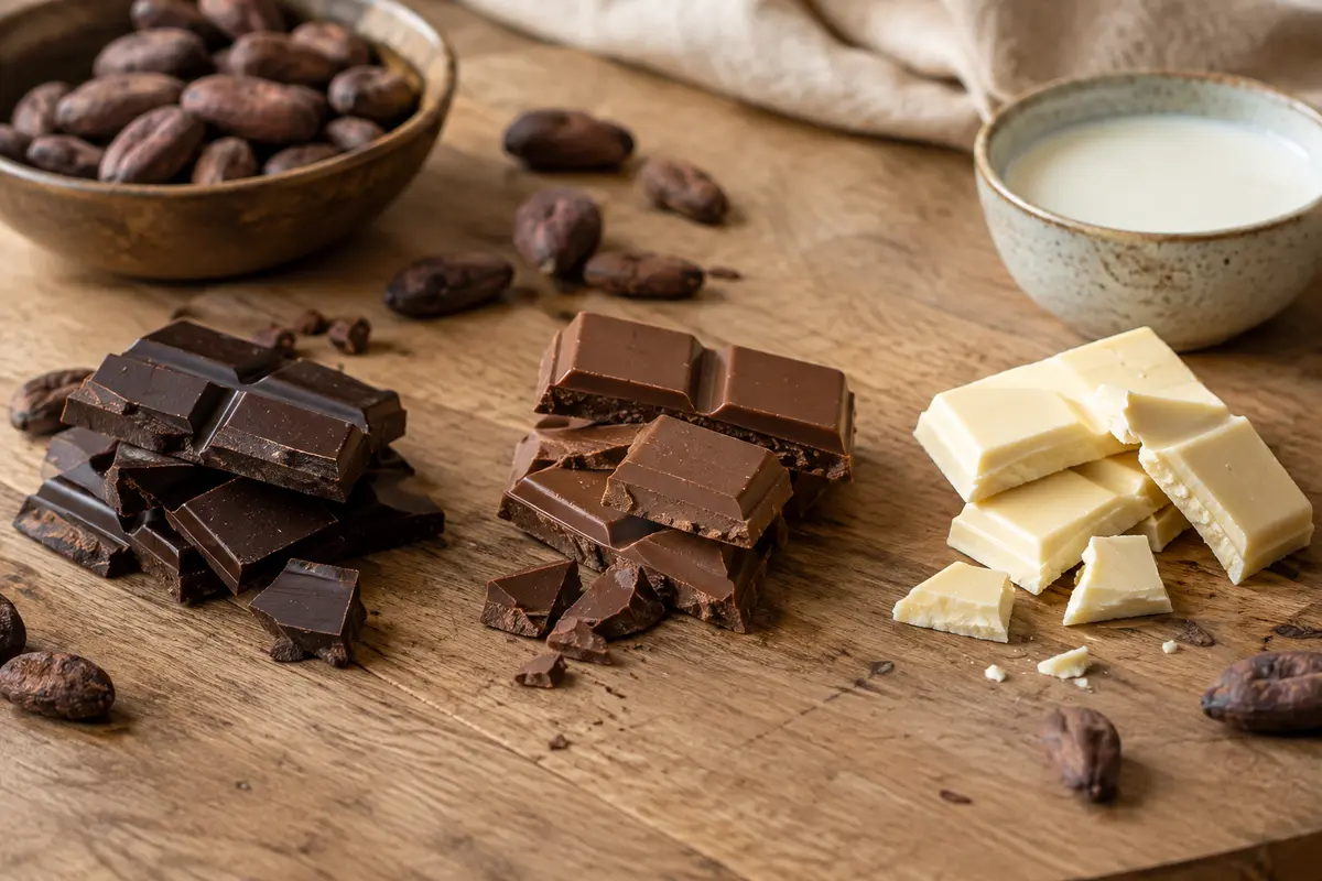 Carrés de chocolat noir, au lait et blanc présentés côte à côte pour comparer leur aspect.