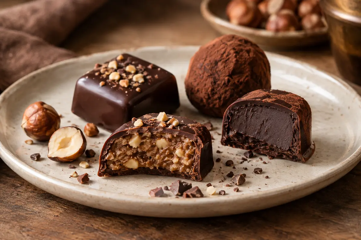 Praliné aux éclats et truffe à la ganache présentés côte à côte pour comparer leur texture.