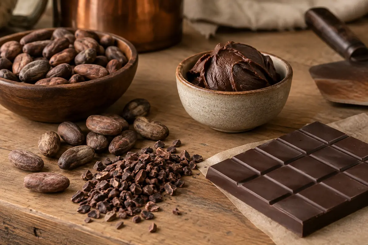 Fèves de cacao, nibs et tablette de chocolat illustrant les étapes de fabrication artisanale