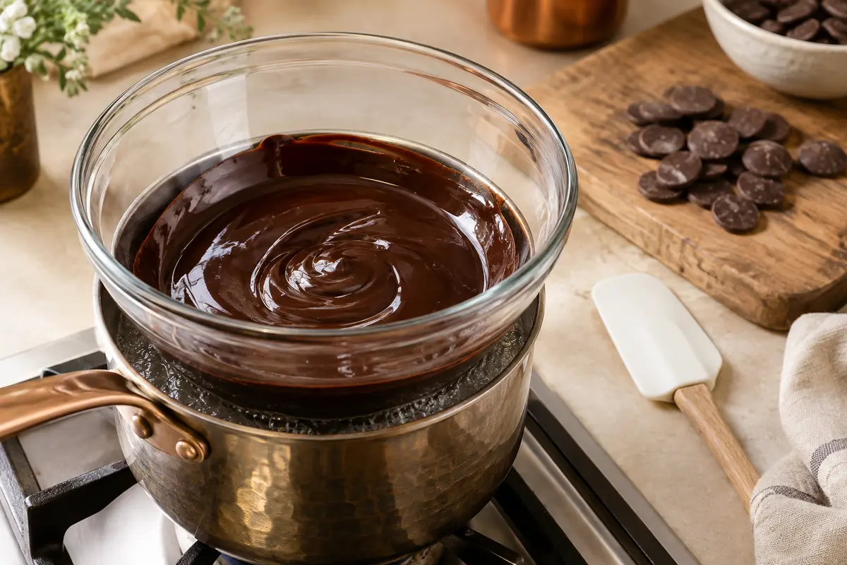 Bol de chocolat noir lisse fondu au bain-marie, avec une spatule sèche et des pistoles de chocolat