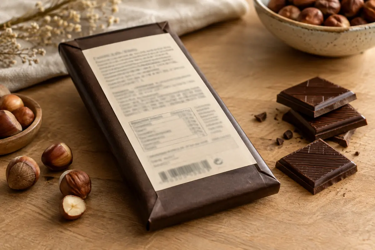 Emballage ouvert d’un chocolat artisanal avec son étiquette et quelques carrés posés sur une table