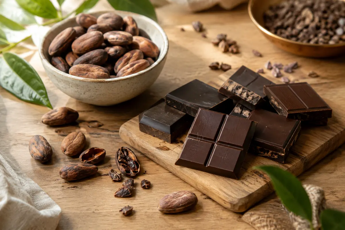 Carrés de chocolat noir et fèves de cacao réunis sur une table pour une dégustation comparative