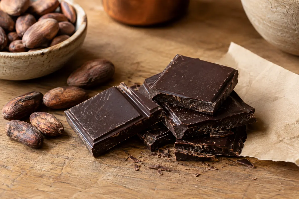 Tablette de chocolat noir cassée, accompagnée de quelques fèves de cacao sur une table en bois clair.