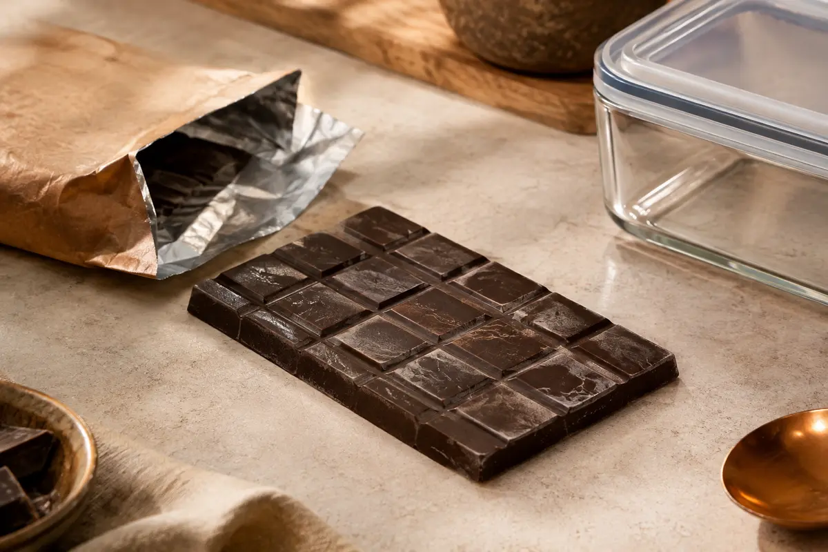 Tablette de chocolat noir présentant un voile blanchâtre en surface, près de son emballage et d’une boîte hermétique.