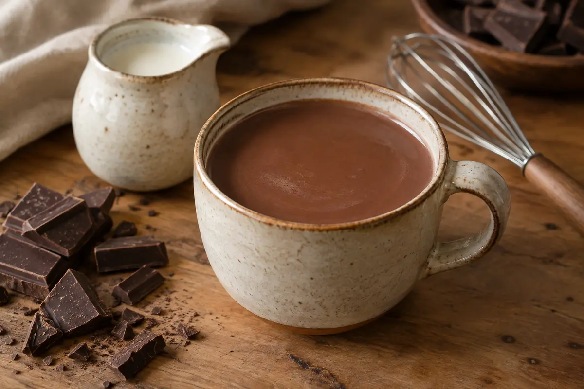 Tasse de chocolat chaud onctueux accompagnée de morceaux de chocolat, de lait et d’un fouet
