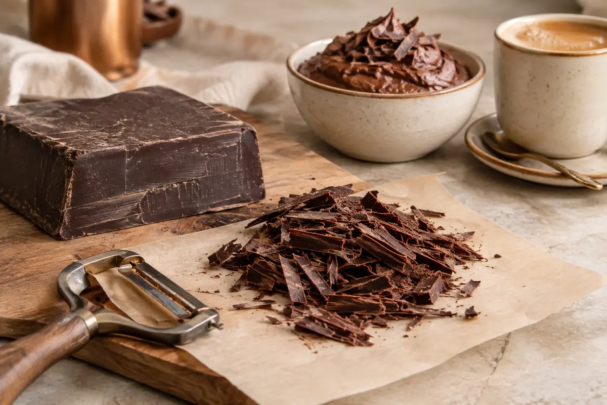 Bloc de chocolat, économe et copeaux réguliers près d’une mousse et d’une boisson chaude