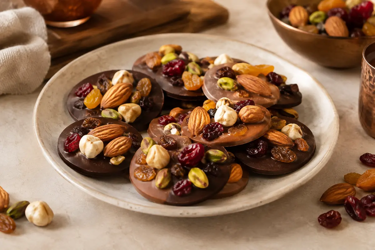 Plateau de mendiants au chocolat noir et au lait garnis de fruits secs, présenté pour une dégustation