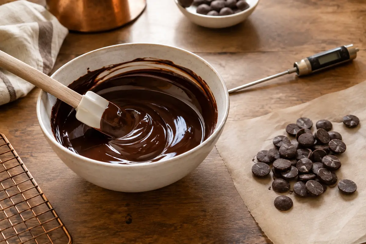Bol de chocolat de couverture brillant avec spatule, thermomètre et pistoles sur un plan de travail