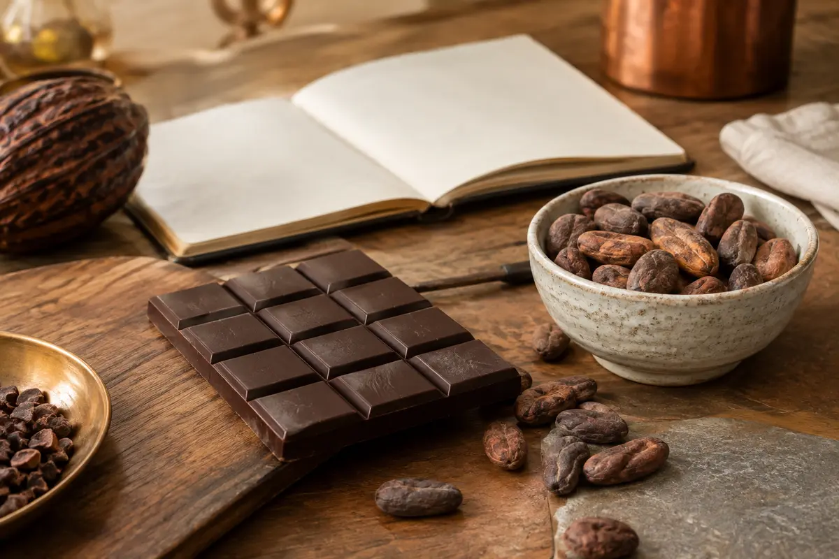 Tablette de chocolat artisanal et fèves de cacao disposées sur une table d’atelier