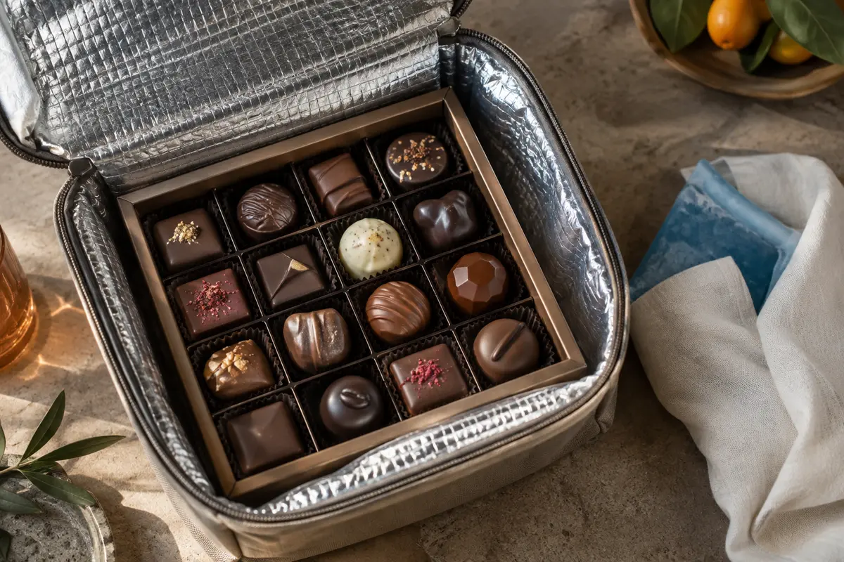 Coffret de chocolats calé dans un sac isotherme, avec un élément réfrigérant placé à distance.