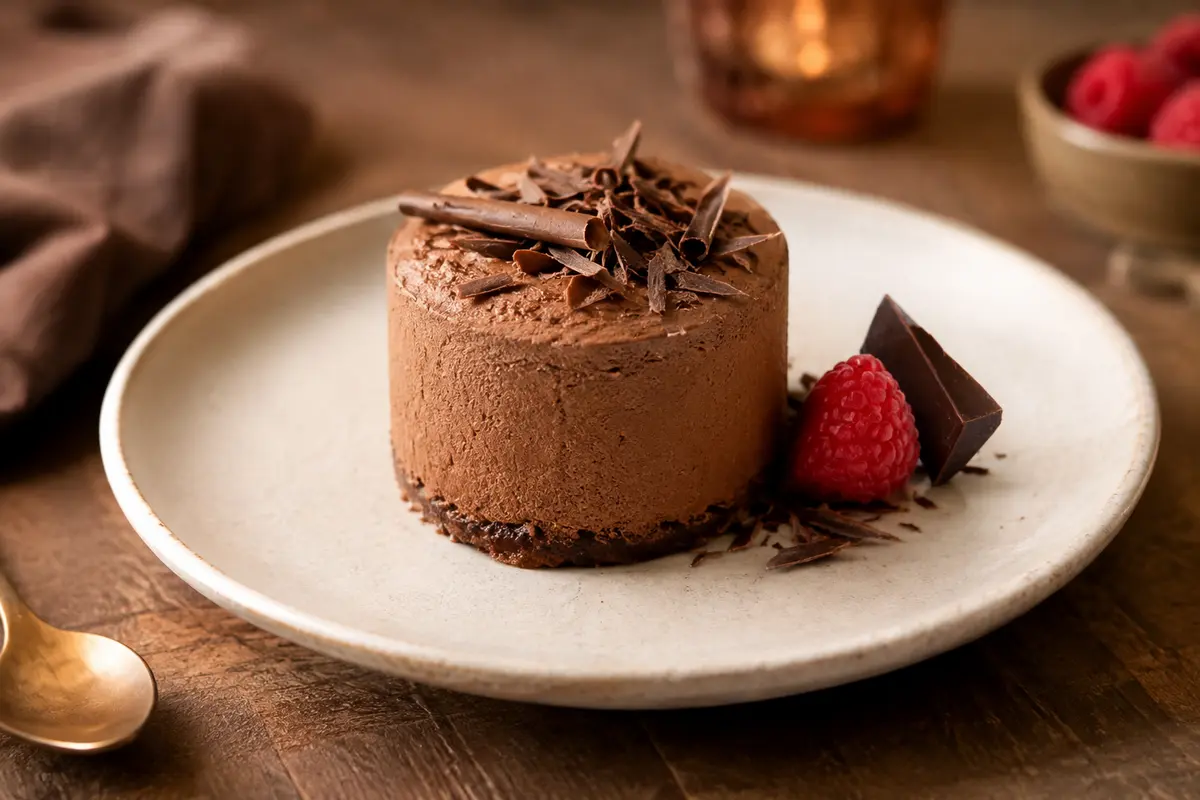 Mousse au chocolat décorée de copeaux fins et d’une petite plaque posée sur une assiette.