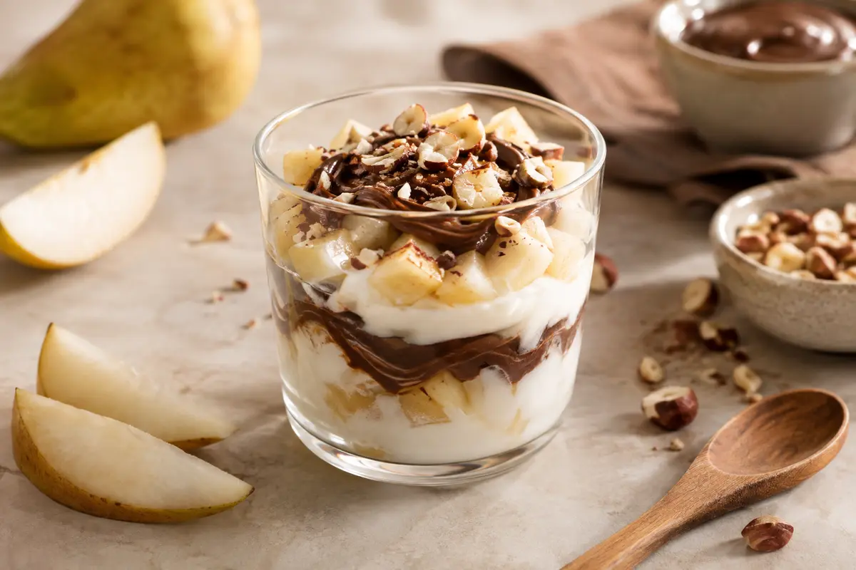 Verrine de yaourt, poire et pâte à tartiner au chocolat, garnie de noisettes concassées