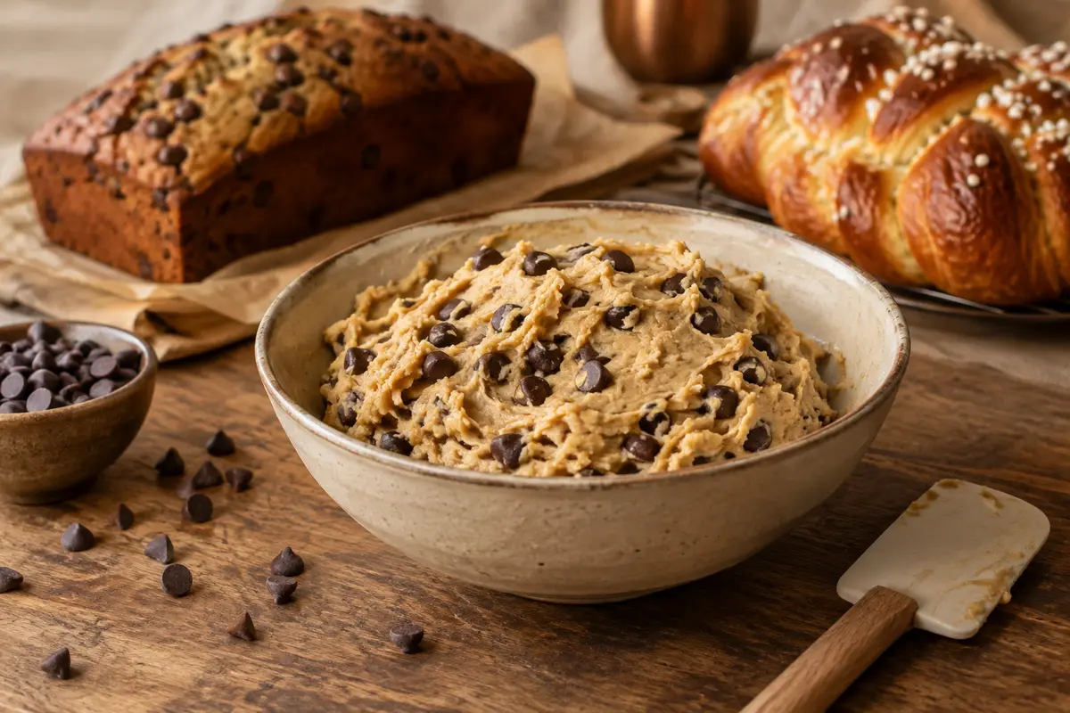 Pâte à biscuits garnie de pépites de chocolat, avec un cake et une brioche en arrière-plan