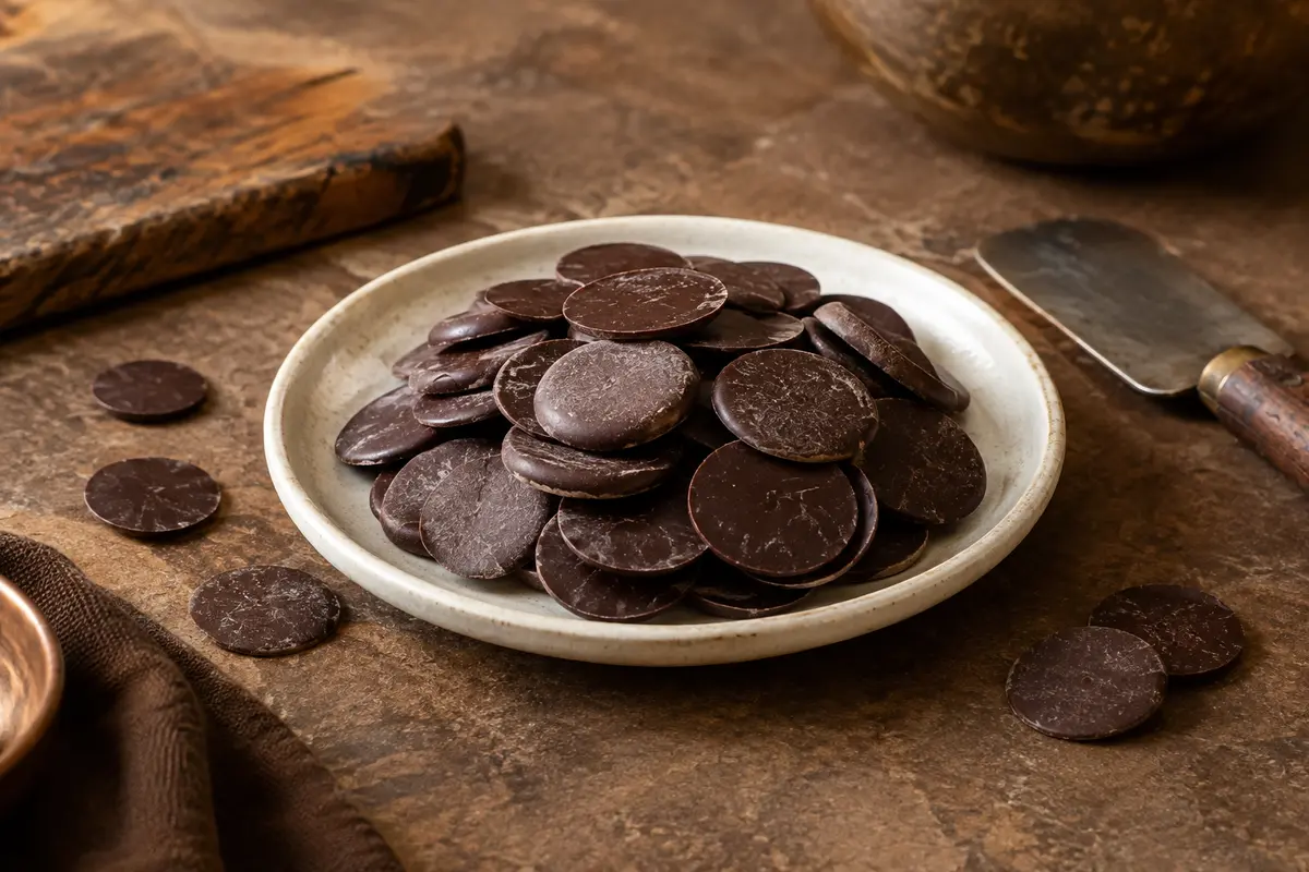 Pistoles de chocolat noir posées sur une céramique ivoire près d’une spatule et d’une planche en bois.