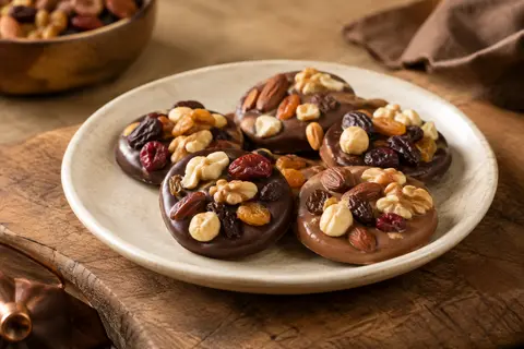 Palets de mendiants au chocolat noir et au lait garnis de fruits secs, présentés sur une assiette ivoire.