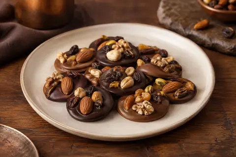Palets de mendiants au chocolat noir et au lait, garnis de fruits secs et présentés sur une assiette en céramique