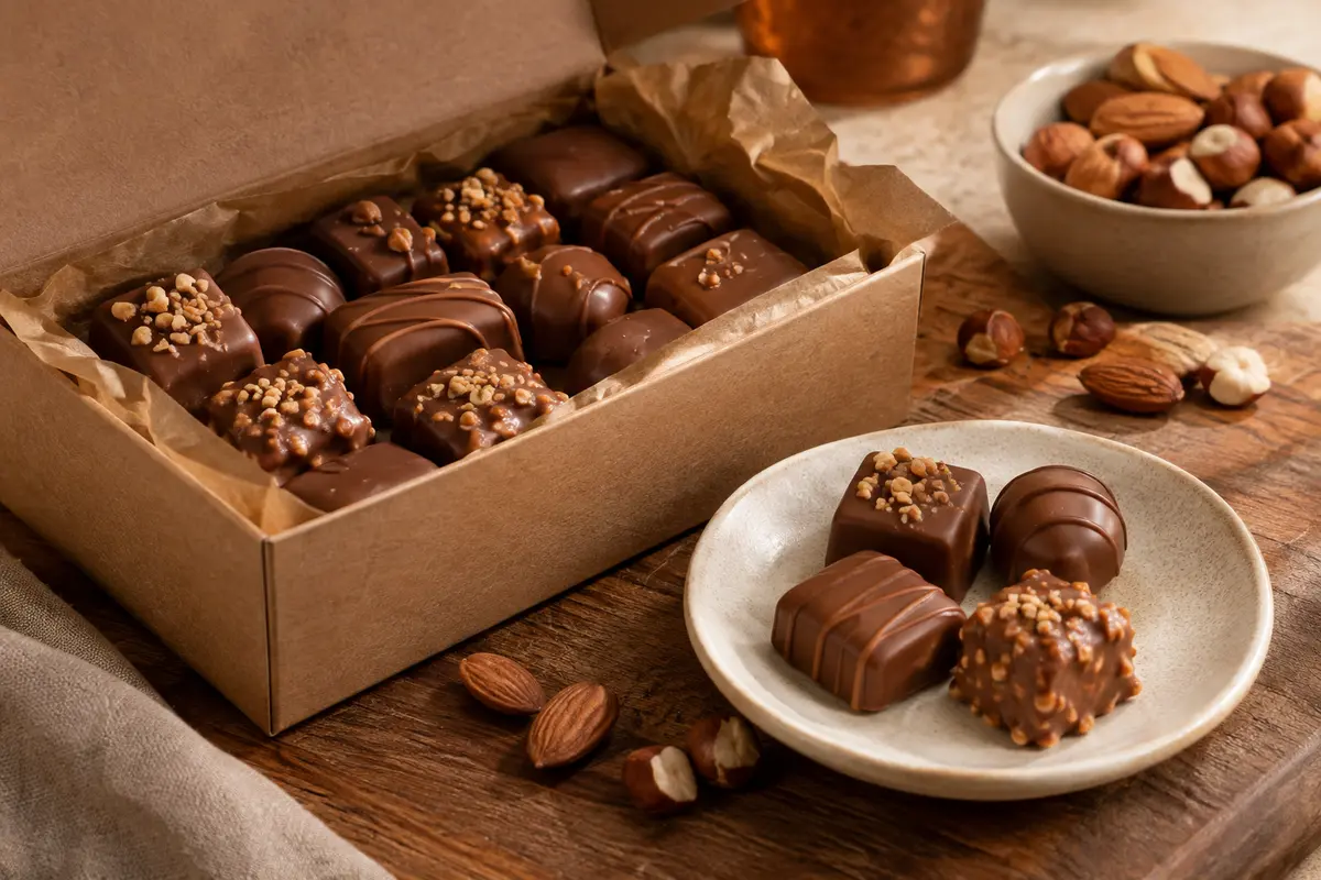 Pralinés au chocolat au lait dans un ballotin ouvert, accompagnés d’amandes et de noisettes.