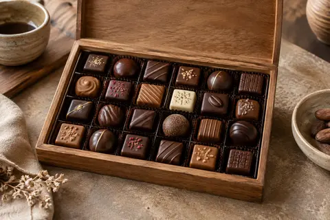 Coffret en bois ouvert contenant un assortiment de 30 pralines artisanales au chocolat belge