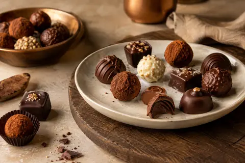 Assortiment de truffes et chocolats sur une céramique ivoire et un plateau en bois patiné.