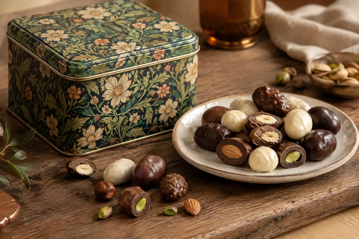 Confiseries aux fruits secs et au chocolat présentées près d’une boîte métallique décorative