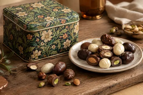 Confiseries aux fruits secs et au chocolat présentées près d’une boîte métallique décorative