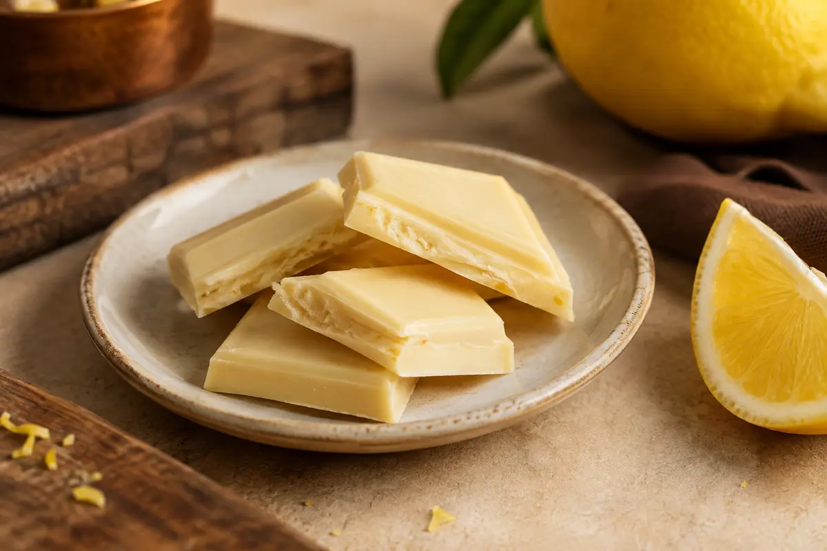 Barre ivoire de chocolat blanc au citron présentée sur une céramique claire avec un quartier de citron