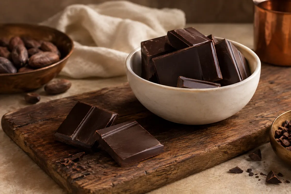Morceaux de chocolat noir de couverture Guanaja disposés dans une coupelle en céramique sobre