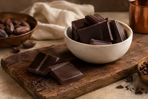 Morceaux de chocolat noir de couverture Guanaja disposés dans une coupelle en céramique sobre