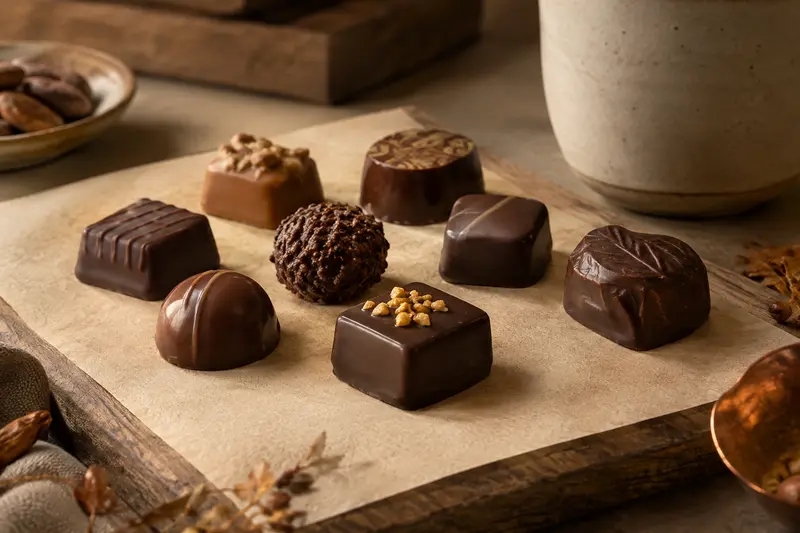 Chocolats artisanaux aux formes variées, mis en scène pour évoquer le choix et la dégustation