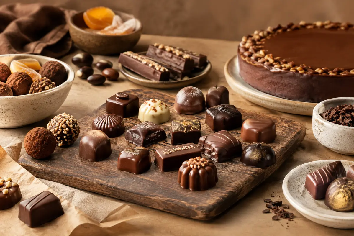 Sélection de chocolats artisanaux et de confiseries présentés dans une ambiance douce et naturelle